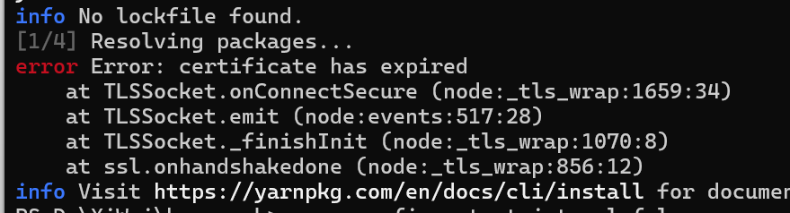 Error: certificate has expired at TLSSocket.onConnectSecure (node:_tls_wrap: